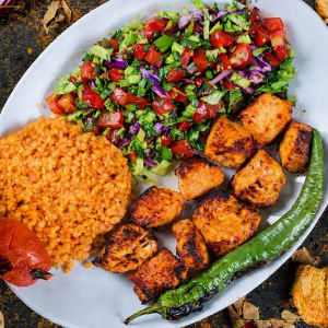QR Menu Grilled chicken shish kebab served with bulgur and mixed salad