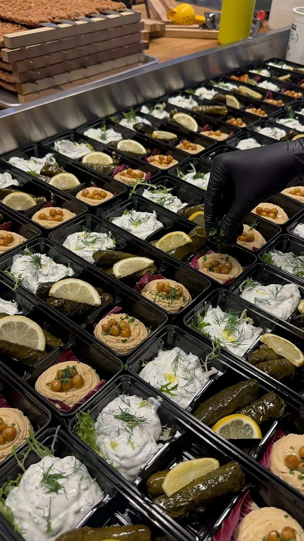 Catering Traditional Turkish meze selection including hummus, stuffed grape leaves and yogurt dishes at Elite Turkish Cuisine